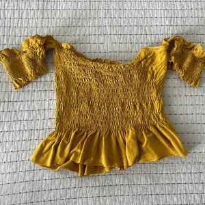 I Am | Smocked  Off the Shoulder Crop Top Mustard Sz L